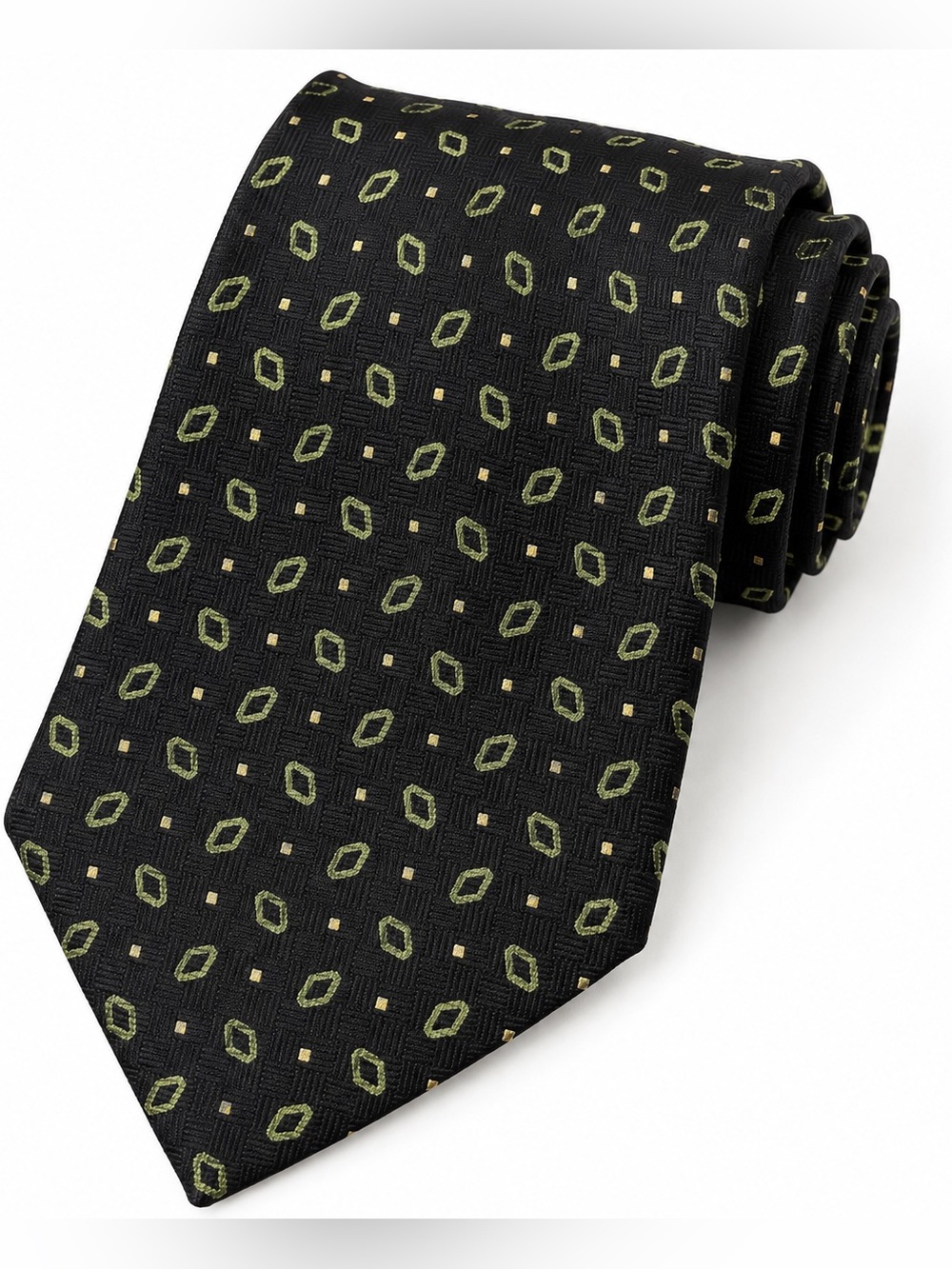 Vintage CHAPS Ralph Lauren Tie 100% Italian Silk Black Olive Green Geometric